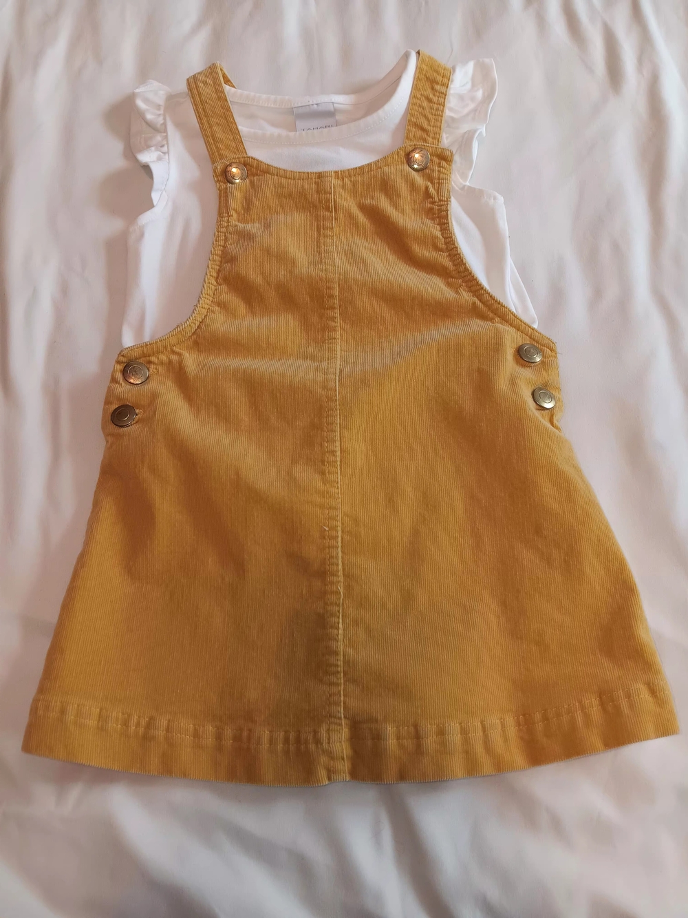Tahari Girls Mustard Yellow Corduroy Pinafore Dress with White Ruffled Tank